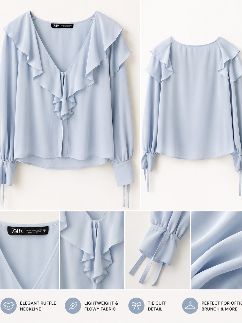 Zara Pale Blue Ruffle V-Neck Tie-Cuff Blouse